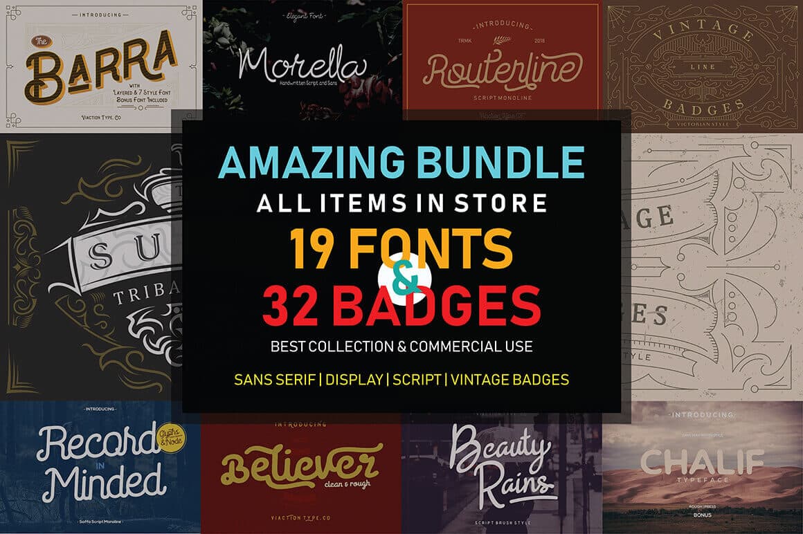 Amazing Bundle of 19 Fonts, 32 Badges – only $9!