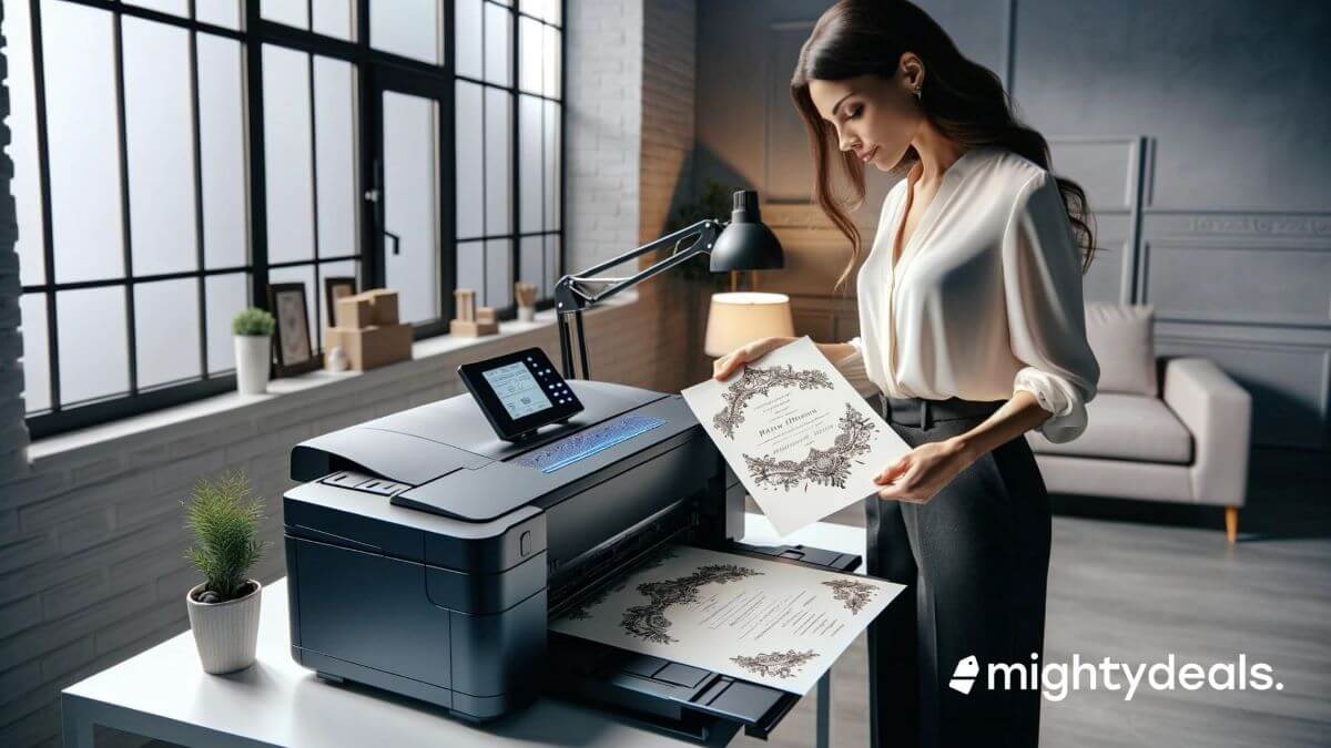 A woman stands in a modern office, examining a sheet of paper with intricate designs that she has just printed on a multifunction printer. The office has a contemporary design, with large windows allowing natural light to flood the space, and the decor includes a sleek desk, a comfortable chair, a decorative lamp, and a potted plant. The printer is prominently featured on the desk, showcasing its digital display and capabilities. In the background, the room is well-organized with shelves holding neatly arranged boxes, suggesting an environment that is both stylish and professional. The watermark "mightydeals" indicates that the image is likely used for promotional or commercial purposes related to deals or sales, perhaps on printers or office supplies.