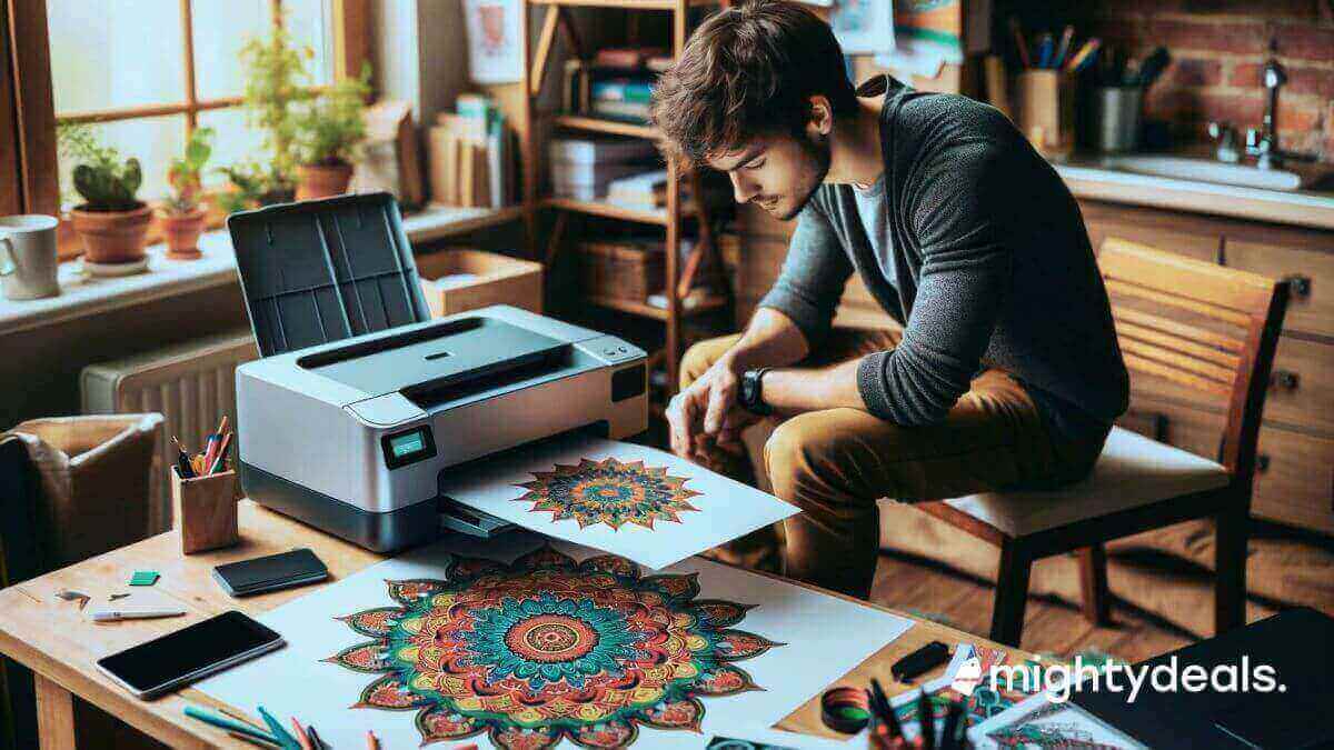 A person in casual attire is seated beside a wooden table, admiring two vibrant and intricate mandala designs. One of the artworks is freshly printed from a modern printer on the table, while the other lies beside it. The table also holds a smartphone, a tablet, and a stationery holder filled with pencils. The room is illuminated by natural light coming in through a large window, on whose sill several potted plants are placed. The image has a watermark that reads ‘mightydeals’.
